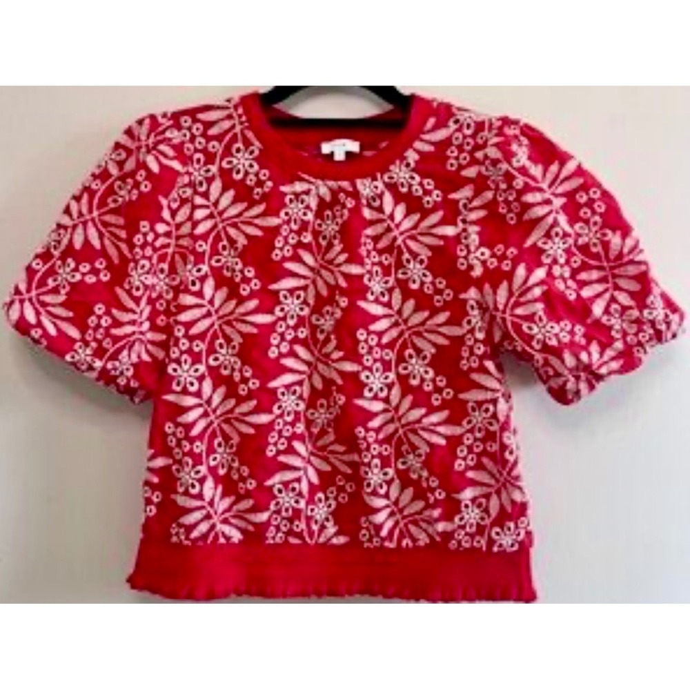 VOY Womens Red Eyelet Embroidered Puff Sleeve Ruffle Hem Top Size M 35373